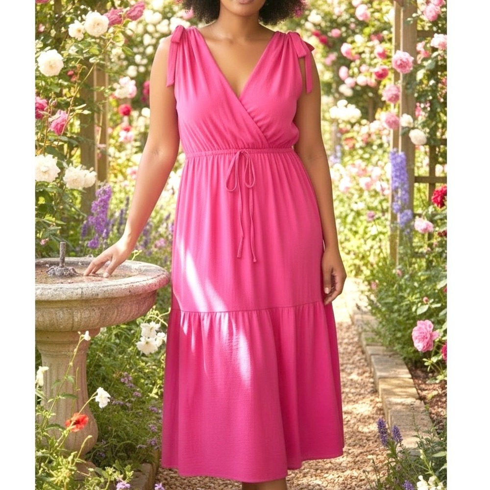 Hibiscus‎ Pink Tiered Calvin Klein Maxi Dress Sleeveless V-Neck 16W Barbiecore